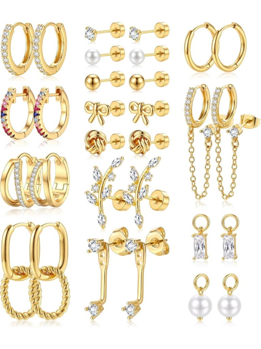 15 Pairs Gold Hoop & Cartilage Stud Earrings Set for Women - Stackable & Stylish